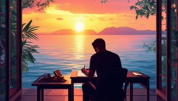 rich young person writing in journal with sunset in background over water