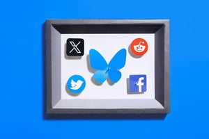 twitter x facebook bluesky reddit logos in a frame