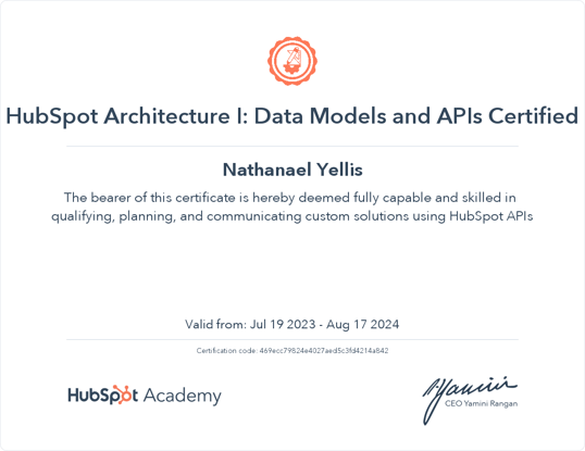 Nathanael Yellis HubSpot Architecture I Data Models and APIs Certification