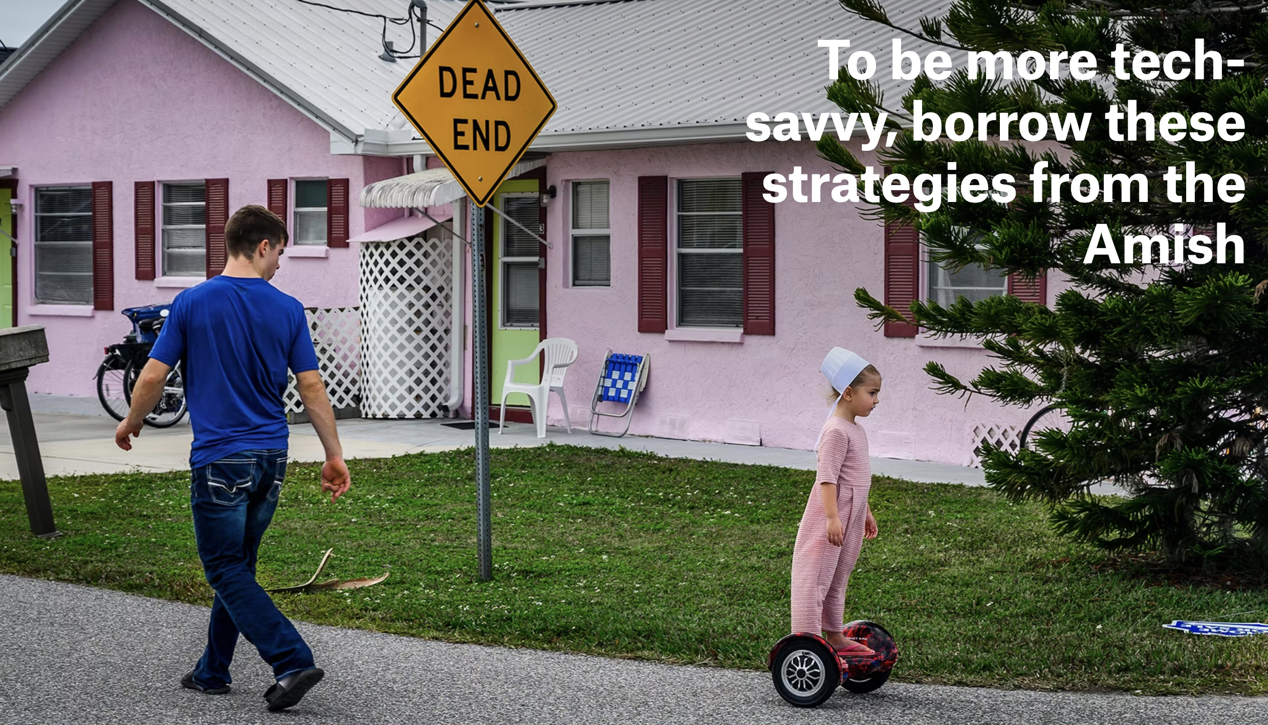 Amish girl riding a scooter