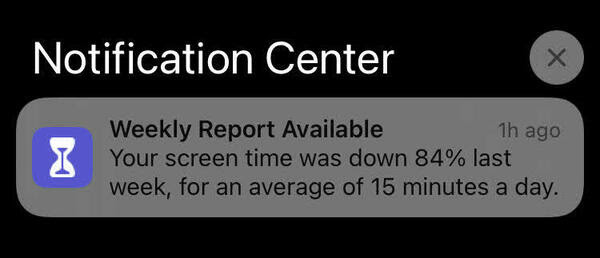 a screenshot of notification center showing a weekly screentime report down 84% from the previous week to an average of 15 minutes per day