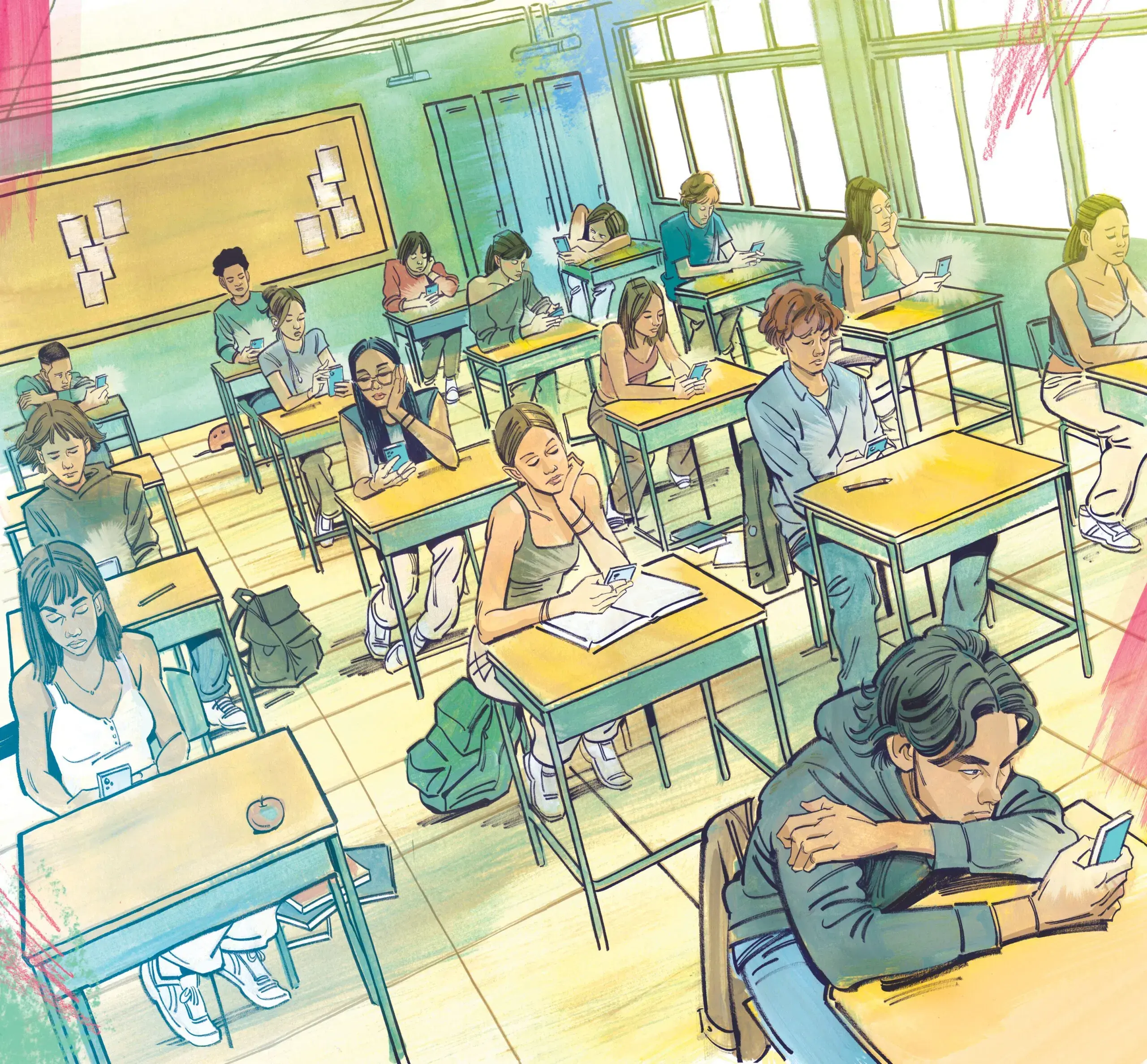 classroom drawing of students sitting at desks looking at phones